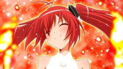 Rule 34 | 1girl, ahoge, bare shoulders, blush, closed eyes, eyelashes, fire, gender request, genderswap, hair ornament, happy, henshin, long hair, looking at viewer, mitsuka souji, ore twintail ni narimasu, red background, red hair, smile, solo, tailred, transformation, twintails, yuto (dialique)