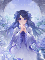 Rule 34 | 1girl, absurdres, arch, black hair, blue eyes, chinese clothes, chromatic aberration, crystalherb, day, finger to mouth, flower, hair flower, hair ornament, hair rings, hands up, hanfu, highres, hydrangea, looking at viewer, original, outdoors, overcast, own hands together, rain, sky, solo, standing, wet, wide sleeves