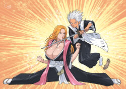 Rule 34 | 1boy, 1girl, absurdres, assertive female, black kimono, bleach, blue eyes, breasts, chain necklace, cirenk, cleavage, full body, highres, hitsugaya toushirou, holding, holding sword, holding weapon, huge breasts, japanese clothes, jewelry, kimono, long hair, matsumoto rangiku, mole, mole under mouth, necklace, orange hair, pink scarf, punching, scarf, short hair, split, sword, weapon, white hair