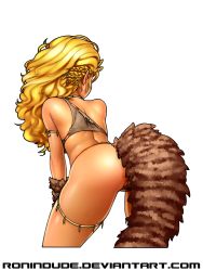 Rule 34 | 1girl, arm warmers, ass, blonde hair, braid, cave elf (ronindude), elf, from behind, highres, long hair, original, pointy ears, ronindude, side braids, single strap, solo, tail