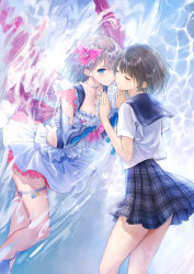 Rule 34 | 2girls, absurdres, blouse, blue reflection (series), blue reflection maboroshi ni mau shoujo no ken, blue sailor collar, breasts, checkered clothes, checkered skirt, cleavage, closed eyes, commentary request, dual persona, elbow gloves, gloves, highres, holding hands, hoshinomiya girls&#039; high school uniform, kishida mel, magical girl, medium breasts, miniskirt, multiple girls, palms together, pleated skirt, sailor collar, school uniform, serafuku, shirai hinako, shirt, short sleeves, skirt, thigh strap, thighs, water, white shirt