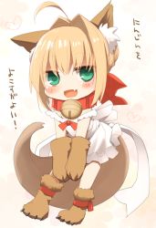 Rule 34 | 10s, 1girl, ahoge, alternate costume, animal ears, animal hands, bell, blonde hair, blush, chibi, collar, fang, fate/extra, fate/extra ccc, fate (series), fox ears, fox tail, green eyes, kemonomimi mode, kujiran, long hair, looking at viewer, neck bell, nero claudius (fate), nero claudius (fate) (all), nero claudius (fate/extra), open mouth, solo, tail, translated