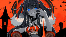Rule 34 | + +, .live, 1girl, absurdres, barbed wire, bat background, black collar, black nails, blue eyes, chair, coat, collar, crown, unworn crown, finger to mouth, fur-trimmed coat, fur trim, grin, halloween, highres, holding, holding crown, kakyouin chieri, king (vocaloid), long hair, looking at viewer, nail polish, orange background, orange theme, red theme, smile, solo, song name, teeth, throne, two side up, user jhhp7477, virtual youtuber, vocaloid
