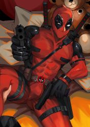 Rule 34 | 1boy, aiming, aiming at viewer, bara, bodysuit, bulge, commentary request, covered abs, deadpool, deadpool (series), doufujintianxianle, dual wielding, feet out of frame, gun, harness, holding, holding gun, holding weapon, katana, large pectorals, looking at viewer, male focus, marvel, mask, muscular, muscular male, pectorals, pov, red bodysuit, sitting, solo focus, spread legs, stuffed animal, stuffed toy, sword, sword behind back, teddy bear, thick thighs, thighs, weapon