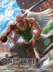 Rule 34 | 1boy, arm tattoo, bald, commentary request, copyright name, feathers, green tank top, holding, holding weapon, looking at viewer, male focus, moreshan, muscular, muscular male, official art, ohm, one piece, one piece card game, sitting, sky, solo, sunglasses, sword, tank top, tattoo, weapon, white wings, wings
