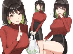 Rule 34 | bag, bare legs, black hair, black skirt, blue nails, blush, bob cut, breasts, brown eyes, closed mouth, colored inner hair, cowboy shot, crossed legs, earrings, gold, green hair, grocery bag, hair intakes, hand on own thigh, hand to own mouth, high-waist skirt, highres, holding, holding bag, index finger raised, invisible chair, jewelry, large breasts, laughing, leaning to the side, long sleeves, looking at viewer, looking away, medium hair, miru (ormille), mole, mole under eye, multicolored hair, multiple views, nail polish, open mouth, original, ormille, pencil skirt, projected inset, red sweater, ribbed sweater, shiny clothes, shopping bag, sigh, simple background, sitting, skirt, smile, sparkle, sweater, sweater tucked in, swept bangs, thick eyelashes, tsurime, turtleneck, turtleneck sweater, upper body, v arms, white background