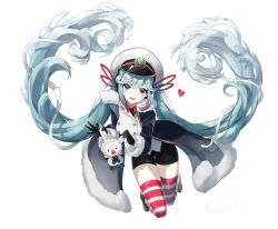 Rule 34 | 1girl, animal, black coat, black footwear, black gloves, black necktie, black shorts, blue eyes, blue hair, buttons, coat, collared shirt, contrapposto, crab claw, crab hair ornament, dot nose, double-breasted, feet up, full body, fur-trimmed coat, fur trim, gloves, grabbing another&#039;s ear, grabbing another's ear, gradient hair, hair between eyes, hand on another&#039;s ear, hat, hatsune miku, heart, highres, holding, holding animal, holding by the ears, horizontal pupils, jacket, jumping, knees together feet apart, light smile, long hair, looking at viewer, multicolored eyes, multicolored hair, necktie, open clothes, open coat, parted lips, peaked cap, rabbit, rabbit yukine, red eyes, red shirt, red thighhighs, shirt, shoes, shorts, sidelocks, simple background, solo, striped clothes, striped thighhighs, teeth, thick thighs, thigh gap, thighhighs, thighs, twintails, two-tone legwear, upper teeth only, very long hair, vocaloid, wavy hair, white background, white hat, white jacket, white thighhighs, wusebuse (69392708), yellow eyes, yuki miku, yuki miku (2022), zettai ryouiki