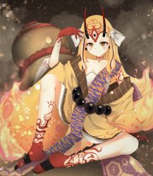 Rule 34 | 1girl, bare shoulders, blonde hair, claws, collarbone, earrings, fate/grand order, fate (series), female focus, highres, hijouguti, horns, ibaraki douji (fate), japanese clothes, jewelry, kimono, long hair, looking at viewer, monster girl, off shoulder, oni, oni horns, short kimono, sitting, smile, solo, tattoo, wide sleeves, yellow eyes, yellow kimono
