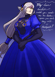 Rule 34 | 1girl, absurdres, aged up, black gloves, blonde hair, blue hairband, braid, breasts, dress, elbow gloves, english text, gloves, gradient background, hairband, highres, large breasts, lavenza (persona 5), lips, long dress, long hair, low-tied long hair, mole, mole under mouth, own hands together, parted bangs, persona, persona 5, puffy sleeves, scruffyturtles, solo, yellow eyes