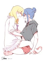 Rule 34 | 10s, 2girls, alternate hairstyle, artist name, bad id, bad twitter id, barefoot, blonde hair, blue hair, blush, braid, closed eyes, face-to-face, forehead-to-forehead, frilled sleeves, frills, hair bun, hand under clothes, heads together, highres, hood, hood down, hoodie, love live!, love live! sunshine!!, matsuura kanan, multiple girls, neck ribbon, nightgown, ohara mari, open mouth, pito (sh02327), purple ribbon, red shorts, ribbon, short shorts, short sleeves, shorts, side slit, side slit shorts, simple background, single hair bun, sitting, sitting on lap, sitting on person, smile, sweatdrop, twin braids, twitter username, white background, yuri