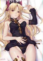 Rule 34 | 1girl, bed sheet, black leotard, blonde hair, bow, breasts, choker, cowboy shot, diadem, earrings, ereshkigal (fate), fate/grand order, fate (series), floating hair, gluteal fold, groin, hair bow, jewelry, leotard, long hair, looking at viewer, lying, medium breasts, on back, red bow, red eyes, solo, twintails, two side up, very long hair, you06