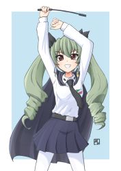 Rule 34 | 1girl, anchovy (girls und panzer), anzio school uniform, arms up, artist name, belt, black belt, black cape, black necktie, black ribbon, black skirt, blue background, cape, commentary, cowboy shot, dress shirt, drill hair, emblem, girls und panzer, green hair, grin, hair ribbon, highres, holding, long hair, long sleeves, looking at viewer, miniskirt, mizoochi, necktie, outside border, pantyhose, pleated skirt, red eyes, ribbon, riding crop, school uniform, shirt, signature, skirt, smile, solo, standing, twin drills, twintails, white pantyhose, white shirt, wing collar