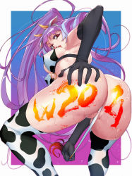 Rule 34 | 1girl, 2021, absurdres, animal ears, animal print, ass, bikini, bikini top only, blue hair, blush, bottomless, breasts, chinese zodiac, cleft of venus, cow ears, cow girl, cow horns, cow print, cow tail, don (rg06268), from behind, highres, horns, large breasts, long hair, looking at viewer, looking back, macross, macross delta, mikumo guynemer, multicolored hair, partially visible vulva, print bikini, purple hair, red eyes, shiny skin, solo, streaked hair, sweat, swimsuit, tail, tail pull, thighhighs, very long hair, year of the ox