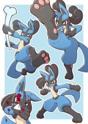 Rule 34 | 1boy, acky, blood, blood on face, bone, closed mouth, commentary request, creatures (company), furry, game freak, gen 4 pokemon, hat, highres, holding, kicking, looking at viewer, lucario, nintendo, pokemon, pokemon (creature), red eyes, smile, solo, spikes, weapon