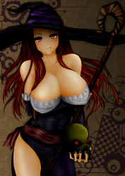 Rule 34 | 1girl, :p, :q, bare shoulders, breasts, cleavage, detached sleeves, dragon&#039;s crown, dress, furuore (rabi0228), glowing, glowing eyes, hat, highres, huge breasts, large breasts, long hair, red eyes, red hair, side slit, skull, smile, solo, sorceress (dragon&#039;s crown), staff, strapless, strapless dress, tongue, tongue out, vanillaware, weapon, witch hat
