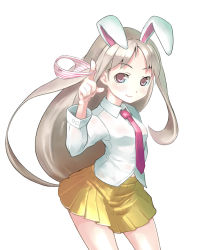 Rule 34 | 1girl, alternate color, alternate hair color, animal ears, bad id, bad pixiv id, blush, dress shirt, female focus, holding, holding clothes, holding panties, holding underwear, index finger raised, long hair, looking at viewer, necktie, panties, rabbit ears, reisen udongein inaba, ryou (effort), shirt, simple background, smile, solo, striped clothes, striped panties, touhou, underwear, very long hair, white background