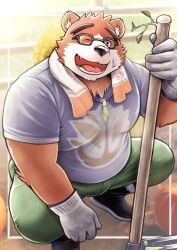 Rule 34 | 1boy, animal ears, bandaid, bandaid on face, bara, bear boy, bear ears, black-framed eyewear, brown eyes, brown fur, bulge, commentary request, crystal necklace, fangs, foot out of frame, furry, furry male, glasses, gloves, green pants, hat, holding, holding rake, inset border, jewelry, kemokemumaki, leaf, male focus, muscular, muscular male, necklace, one eye closed, open mouth, pants, pumpkin, rake, short hair, smile, solo, squatting, straw hat, thick eyebrows, tokyo houkago summoners, towel, towel around neck, volos (housamo), white fur, white gloves