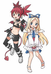 Rule 34 | 2girls, angel, angel wings, bat wings, blonde hair, blue eyes, boots, bow, choker, demon girl, demon tail, demon wings, detached sleeves, disgaea, earrings, elbow gloves, etna (disgaea), feathered wings, flat chest, flonne, full body, gloves, jewelry, legs, long hair, looking at viewer, makai senki disgaea, mini wings, multiple girls, navel, o-ring, o-ring choker, o-ring collar, pointy ears, red eyes, red hair, red tail, red wings, ribbon, skirt, skull earrings, smile, tail, thighhighs, twintails, white background, wings, yeh