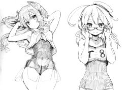Rule 34 | 2girls, ahoge, breasts, closed mouth, glasses, greyscale, hair between eyes, hair ribbon, hat, headgear, highres, i-47 (kancolle), i-8 (kancolle), kantai collection, large breasts, lineart, long hair, low twintails, medium breasts, monochrome, multiple girls, neckerchief, one-piece swimsuit, ribbon, sailor collar, sailor hat, school swimsuit, see-through, see-through skirt, simple background, skirt, smile, swimsuit, swimsuit under clothes, traditional media, tsuji kazuho, twintails