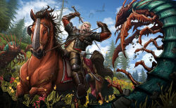 Rule 34 | 1boy, armor, artist name, battle, beard, blue sky, bug, centipede, cloud, commentary, day, dragon, english commentary, facial hair, geralt of rivia, giant insect, highres, holding, holding sword, holding weapon, horse, initial, long hair, monster, open mouth, outdoors, patrick brown, roach (witcher), sky, sword, teeth, the witcher (series), the witcher 3, tree, weapon, white hair, witcher medallion, wolf armor (witcher)