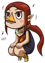 Rule 34 | 1girl, animal feet, beak, bird girl, bird legs, blush stickers, brown hair, character name, circlet, closed mouth, dress, eyelashes, full body, hands on own knees, highres, long hair, looking away, medli, motion lines, musical note, nakagami takashi, nintendo, pointy ears, ponytail, purple dress, red eyes, red tabard, rito, scarf, simple background, smile, solo, squatting, tabard, the legend of zelda, the legend of zelda: the wind waker, wavy mouth, white background, white scarf