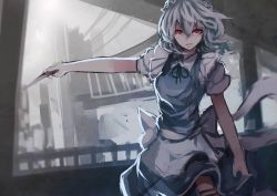 Rule 34 | 1girl, apron, blue dress, bow, braid, chiruru96, colorized, dress, frills, izayoi sakuya, knife, looking up, maid headdress, outstretched arm, puffy sleeves, red eyes, ribbon, short hair, short sleeves, silver hair, sketch, smile, solo, touhou, twin braids, waist apron