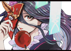 Rule 34 | 1girl, black hair, brown eyes, candy apple, closed mouth, floating hair, food, gradient hair, granblue fantasy, hair between eyes, half mask, hand up, highres, holding, holding food, holding mask, japanese clothes, kimono, letter, long hair, looking at viewer, mask, multicolored hair, portrait, purple hair, purple kimono, rosamia (granblue fantasy), rosamia (yukata) (granblue fantasy), shitoro, solo, tongue, tongue out