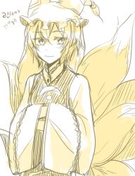 Rule 34 | 1girl, 6 (yuchae), blonde hair, fox tail, hands in opposite sleeves, hat, korean text, monochrome, multiple tails, short hair, sketch, slit pupils, smile, tail, touhou, translation request, wide sleeves, yakumo ran, yellow eyes, yellow theme, yin yang