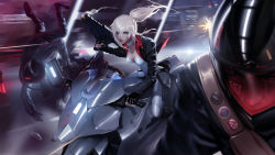 Rule 34 | 1girl, 2others, black gloves, blonde hair, blood, blue eyes, blurry, blurry background, blurry foreground, breasts, choker, city, cleavage, closed mouth, cropped jacket, explosive, falling, fingerless gloves, gloves, grenade, gun, helmet, highres, holding, holding gun, holding weapon, jacket, leotard, lips, long hair, looking at another, looking at viewer, medium breasts, motion lines, motor vehicle, motorcycle, multiple others, night, open clothes, open jacket, original, pale skin, ponytail, raikoart, science fiction, solo focus, tess turner, weapon