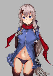 Rule 34 | 1girl, 9a-91 (girls&#039; frontline), absurdres, black panties, blue dress, blue eyes, blush, closed mouth, dress, girls&#039; frontline, gloves, grey background, hair ornament, hand on breast, highres, long hair, looking at viewer, navel, panties, red scarf, rosehip t72, scarf, silver hair, solo, standing, star (symbol), star hair ornament, stomach, underwear, white gloves