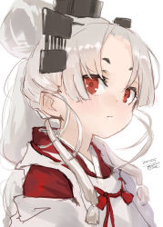 Rule 34 | 1girl, albino, alternate eye color, alternate hair color, bad id, bad twitter id, blush, closed mouth, dated, japanese clothes, kantai collection, long hair, nisshin (kancolle), portrait, red eyes, signature, simple background, solo, toka (marchlizard), very long hair, white background, white hair