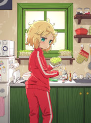Rule 34 | blonde hair, blush, dishes, faucet, gochuumon wa usagi desu ka?, highres, jacket, jersey, kirima syaro, kitchen, looking at viewer, looking back, messy hair, mohei, oven mitts, pitcher (container), plant, pot, red track suit, refrigerator, scissors, sink, striped legwear, track jacket, track suit, vertical-striped legwear, wavy mouth, window