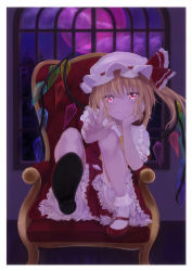 Rule 34 | 1girl, 96tuki, ascot, blonde hair, bloomers, bobby socks, chair, cloud, elbow rest, expressionless, fingernails, flandre scarlet, foreshortening, full moon, hair between eyes, hat, hat ribbon, head in hand, head rest, indoors, leaning to the side, leg lift, looking at viewer, mary janes, mob cap, moon, night, outstretched hand, petticoat, puffy short sleeves, puffy sleeves, red eyes, red footwear, red moon, red skirt, red vest, ribbon, shoes, short hair, short sleeves, side ponytail, sitting, skirt, socks, solo, touhou, underwear, vest, w, white socks, window, wings, yellow ascot