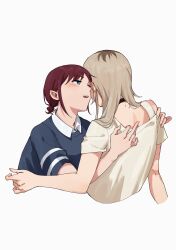 Rule 34 | 2girls, absurdres, blue shirt, blush, cropped torso, ear blush, girls band cry, highres, iseri nina, kawaragi momoka, light brown hair, long hair, multicolored hair, multiple girls, parted lips, r bishh, red hair, roots (hair), shirt, short sleeves, short twintails, shoulder blush, simple background, single off shoulder, sweat, twintails, undressing another, upper body, white background, white shirt, yuri