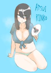 Rule 34 | 1girl, absurdres, black hair, blue background, breasts, character name, cocoa fuumi, eyes visible through hair, front-tie top, full body, hair between eyes, hand fan, highres, jitome, long hair, mole, mole on breast, office lady, original, panties, rinko-san (cocoa fuumi), sanpaku, shirt, simple background, solo, summer, tied shirt, underwear