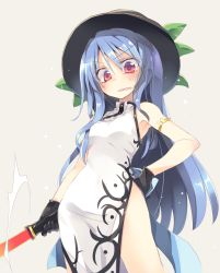 Rule 34 | 1girl, alternate costume, armband, armpits, bad id, bad twitter id, black gloves, blue hair, blush, breasts, china dress, chinese clothes, commentary request, cowboy shot, dress, from below, gloves, grey background, hair between eyes, hand on own hip, hat, hinanawi tenshi, leaf, long hair, looking at viewer, looking down, orange eyes, red eyes, satou kibi, sidelocks, simple background, sleeveless, small breasts, solo, standing, sweatdrop, sword, sword of hisou, thighs, touhou, very long hair, wavy mouth, weapon