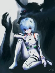 Rule 34 | 1girl, ayanami rei, blue hair, bodysuit, bracer, breasts, clenched hand, eva 01, expressionless, full body, gloves, glowing, glowing eyes, hair between eyes, hair ornament, head tilt, horns, knee up, looking at viewer, mecha, neon genesis evangelion, pale skin, pilot suit, plugsuit, red eyes, robot, short hair, signature, silhouette, single horn, sitting, small breasts, solo, turtleneck