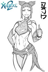 Rule 34 | 1girl, bare shoulders, belt, blunt bangs, bracelet, breasts, capcom, chaps, chinese clothes, cowboy shot, drill hair, dudou, evil grin, evil smile, fang, grin, halterneck, han juri, hand on own hip, jewelry, middle finger, midriff, monochrome, multiple belts, navel, panties, panties over pantyhose, pantyhose, short twintails, simple background, small breasts, smile, solo, spiked bracelet, spikes, street fighter, street fighter iv (series), toned, twin drills, twintails, underwear, x-t3al