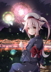 Rule 34 | 10s, 1girl, alternate costume, beret, blue hair, commentary request, eyebrows, fireworks, gradient hair, harusame (kancolle), hat, highres, japanese clothes, kantai collection, kimono, long hair, looking at viewer, multicolored hair, nyum, obi, pink eyes, pink hair, sash, solo, yukata