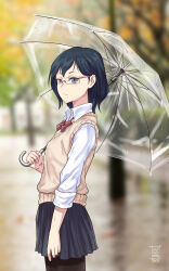Rule 34 | 1girl, absurdres, artist logo, black hair, black pantyhose, black skirt, blue eyes, blurry, blurry background, bow, bowtie, brown sweater vest, closed mouth, collared shirt, commentary, dated, english commentary, facing to the side, from side, glasses, haikyuu!!, highres, holding, holding umbrella, jvco arts, looking at viewer, medium hair, mole, mole under mouth, outdoors, pantyhose, pleated skirt, red bow, red bowtie, rimless eyewear, shimizu kiyoko, shirt, skirt, solo, sweater vest, transparent, transparent umbrella, umbrella, wet, wet clothes, white shirt