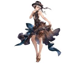 Rule 34 | 10s, 1girl, bare shoulders, brown eyes, dress, eyepatch, full body, granblue fantasy, grey hair, hat, high heels, looking at viewer, minaba hideo, official art, short hair, solo, standing, starry sky print, tania (granblue fantasy), thigh strap, transparent background