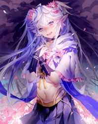 Rule 34 | 1girl, ahoge, black gloves, blush, bridal gauntlets, capelet, chinese commentary, choker, commentary, cowboy shot, fang, fate/grand order, fate (series), flat chest, flower, frilled capelet, frills, genderswap, genderswap (mtf), gloves, gradient hair, hair flower, hair ornament, hands on own chest, highres, hood, hooded capelet, long hair, looking at viewer, merlin (fate), midriff, multicolored hair, navel, open mouth, petals, pink eyes, pink flower, pink ribbon, purple hair, purple skirt, qing yu, ribbon, sidelocks, skin fang, skirt, solo, standing, twintails, very long hair, white hair