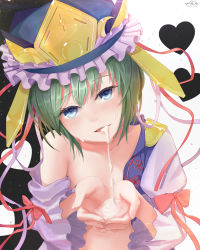 Rule 34 | 1girl, absurdres, after fellatio, alexzhang, black footwear, blouse, blue eyes, blue hat, blue vest, commentary request, cum, cum in mouth, cum on hands, flat chest, frilled hat, frills, green hair, hat, heart, highres, long sleeves, looking at viewer, off shoulder, open clothes, open mouth, open shirt, open vest, shiki eiki, shirt, short hair, solo, touhou, two-tone background, upper body, vest, white background, white shirt