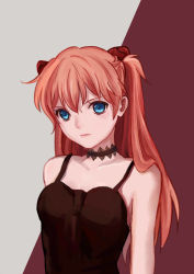 Rule 34 | 1girl, bare arms, black dress, blue eyes, breasts, choker, closed mouth, dress, expressionless, grey background, hair between eyes, hair ornament, haoduo que, highres, long hair, looking at viewer, medium breasts, neon genesis evangelion, orange hair, parted bangs, purple background, red hair, sleeveless, solo, souryuu asuka langley, spaghetti strap, two-tone background, two side up, upper body