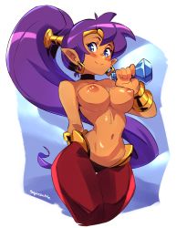 Rule 34 | 1girl, arm behind back, artist name, black choker, blue eyes, blush, bottle, choker, commentary, dark-skinned female, dark skin, earrings, english commentary, jewelry, long hair, looking at viewer, navel, nipples, pointy ears, ponytail, pouring, purple hair, shantae, shantae (series), smile, solo, squeezable (squeezabledraws), topless, very long hair