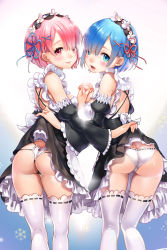 Rule 34 | 10s, 2girls, apron, ass, back, black bow, black dress, black panties, black ribbon, blue background, blue eyes, blue hair, blue ribbon, blurry, blush, bow, breasts, butt crack, cameltoe, chushengdao, closed mouth, clothes lift, detached sleeves, dress, dress lift, eyelashes, fingernails, frilled dress, frilled sleeves, frills, from behind, hair ornament, hair over one eye, hairband, heart, heart background, heart panties, heart print, highres, holding hands, interlocked fingers, kneepits, lifting another&#039;s clothes, looking at viewer, looking back, maid, medium breasts, multicolored clothes, multicolored panties, multiple girls, open mouth, panties, petite, pink eyes, pink hair, pink ribbon, print panties, ram (re:zero), re:zero kara hajimeru isekai seikatsu, rem (re:zero), ribbon, ribbon-trimmed clothes, ribbon-trimmed panties, ribbon-trimmed thighhighs, ribbon trim, shiny skin, short hair, siblings, sisters, small breasts, smile, snowflakes, sparkle, standing, thigh gap, thighhighs, thong, tongue, twins, underbust, underwear, waist apron, wedgie, white apron, white bow, white legwear, white panties, wide sleeves, x hair ornament