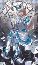 Rule 34 | 1girl, absurdres, alice (grimlight), apron, blue bow, blue eyes, blue footwear, bow, card, choker, clock, frilled apron, frills, grimlight, hair between eyes, hair bow, hand on own face, highres, light brown hair, matsogum, multicolored eyes, pink eyes, playing card, roman numeral, sitting, smile, weapon, white legwear