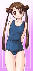 Rule 34 | 00s, 1girl, blush, breasts, brown eyes, brown hair, cameltoe, covered erect nipples, katase shima, long hair, long twintails, looking at viewer, one-piece swimsuit, school swimsuit, simple background, small breasts, smile, solo, sweat, swimsuit, tanuki gakuen, twintails, uchuu no stellvia