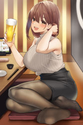 Rule 34 | 1girl, absurdres, adjusting hair, alcohol, beer, black pantyhose, black skirt, blush, breasts, brown hair, clothes tug, commentary request, cup, cushion, earrings, artistic error, feet, from side, full body, hair between eyes, hands up, highres, holding, holding cup, indoors, jewelry, large breasts, looking at viewer, medium breasts, mole, mole under eye, no shoes, office lady, on floor, open mouth, original, pantyhose, pencil skirt, sitting, skirt, sleeveless, sleeveless sweater, soles, solo, sweater, sweater tug, table, teeth, turtleneck, turtleneck sweater, udon (udonalium), upper teeth only, white sweater, wrong foot, yellow eyes, yokozuwari