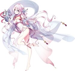 Rule 34 | alternate costume, artist request, barefoot, breasts, chinese clothes, feet, flower, flower on head, full body, heterochromia, iron saga, long hair, medium breasts, official art, one leg raised, pink hair, puppet, slokai (iron saga), smile, source request, toes, transparent background, veil